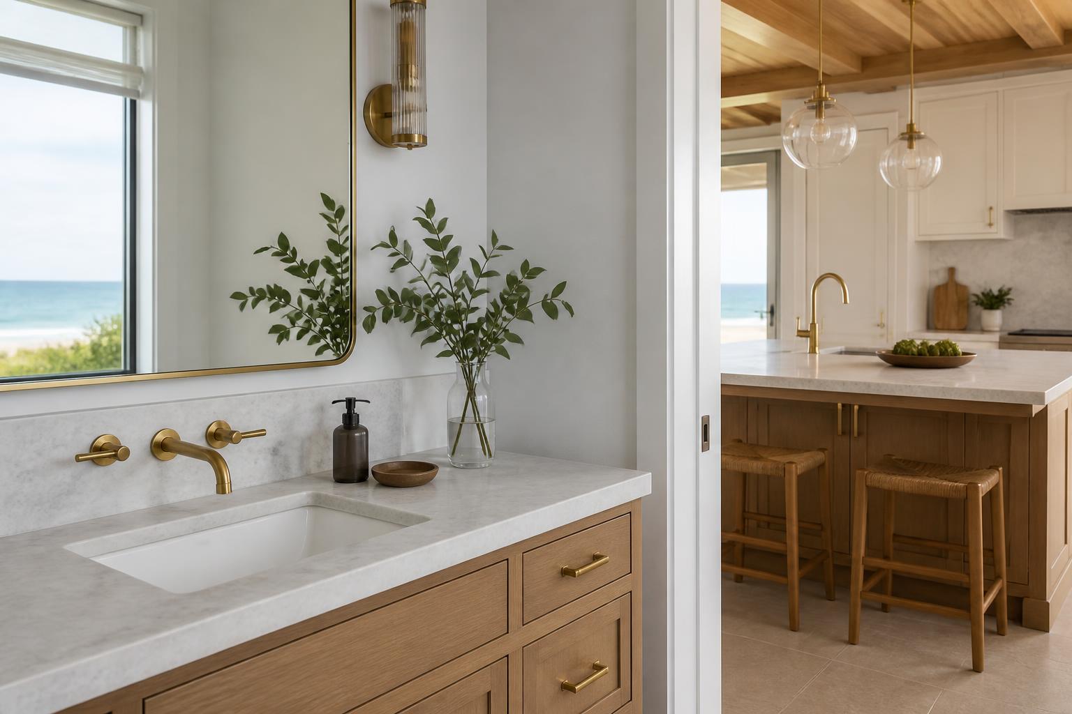 Modern bathroom and kitchen plumbing with polished fixtures and natural light.