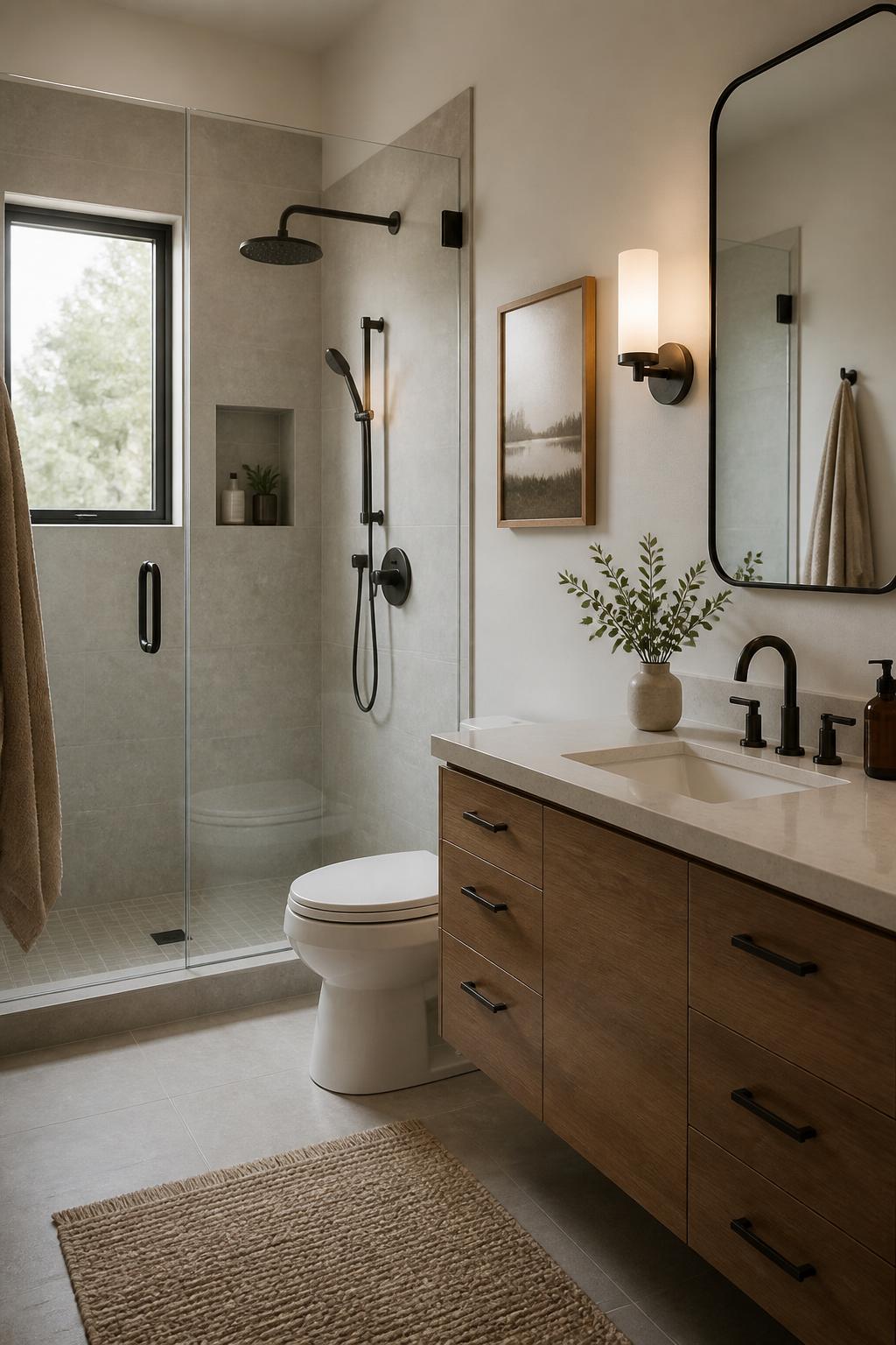 Modern bathroom with clean shower and vanity plumbing fixtures.
