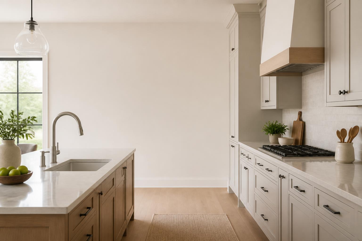 Clean finished kitchen with polished fixtures and open space.